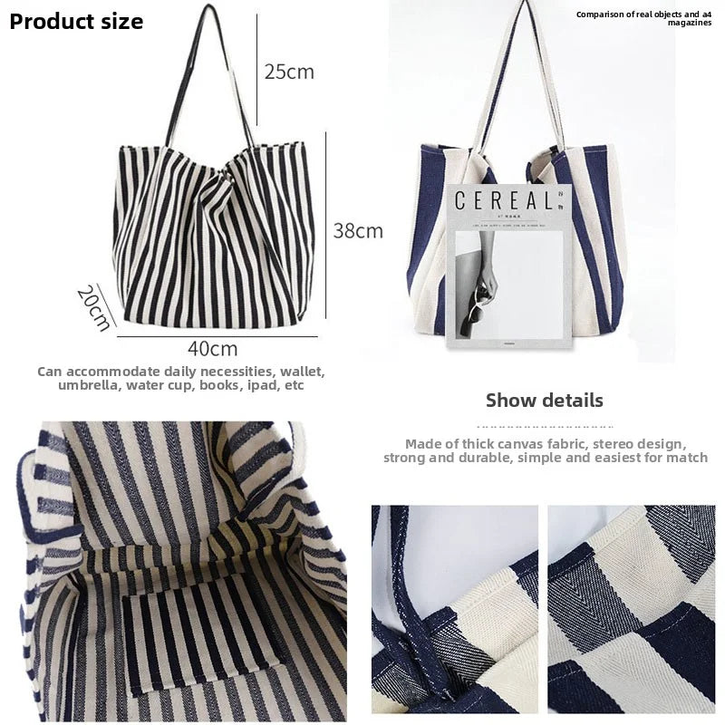 Grand Tote Bag Rayé Style Coréen — Sac Cabas Canvas Grande Capacité Femme