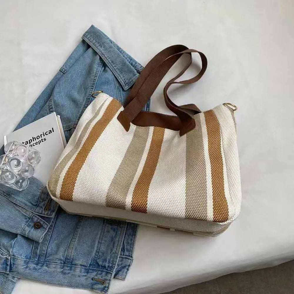Tote Bag Canvas Rayé Grande Capacité — Sac Bandoulière Casual Unisexe