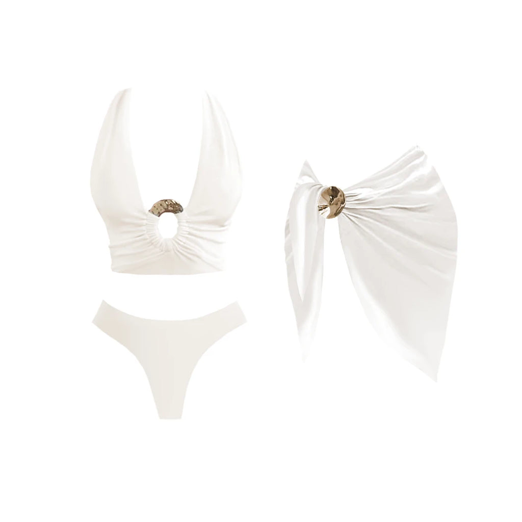 Maillot de Bain Deep V avec Jupe Longue — Ensemble 2 Pièces Femme