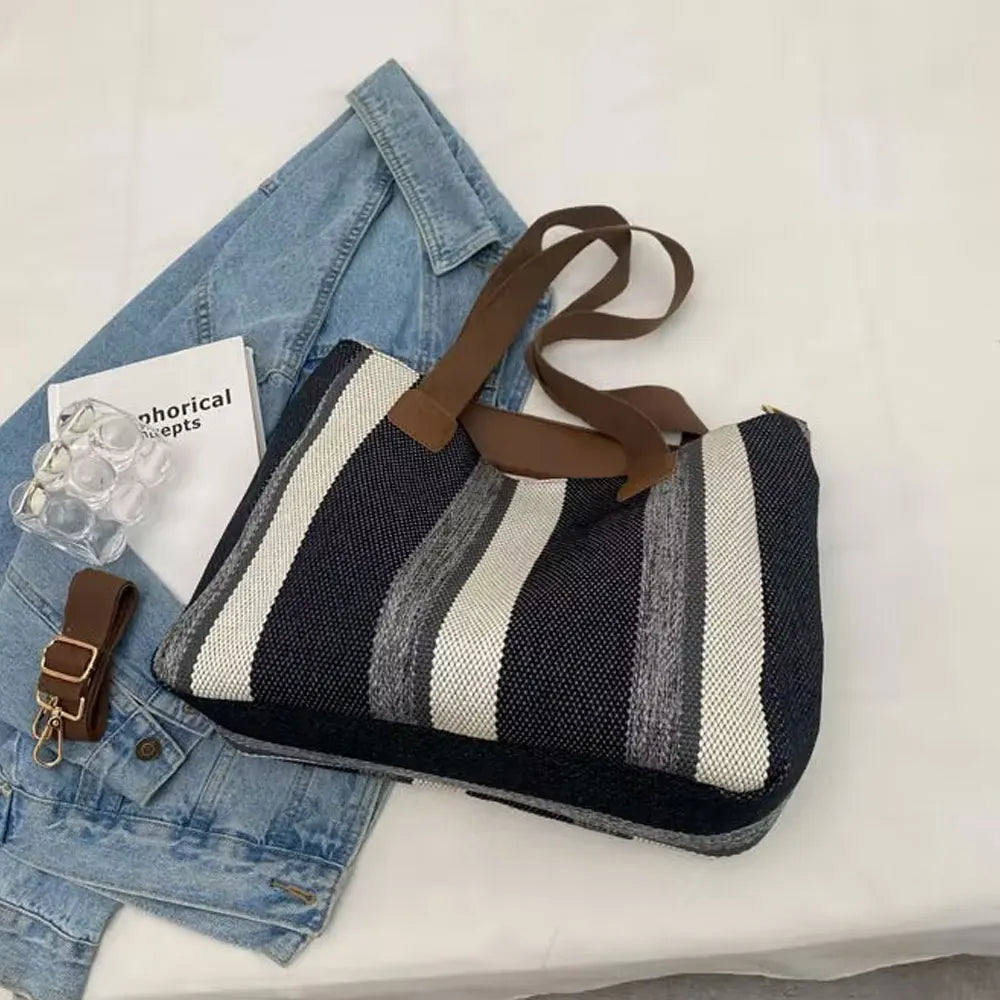 Tote Bag Canvas Rayé Grande Capacité — Sac Bandoulière Casual Unisexe