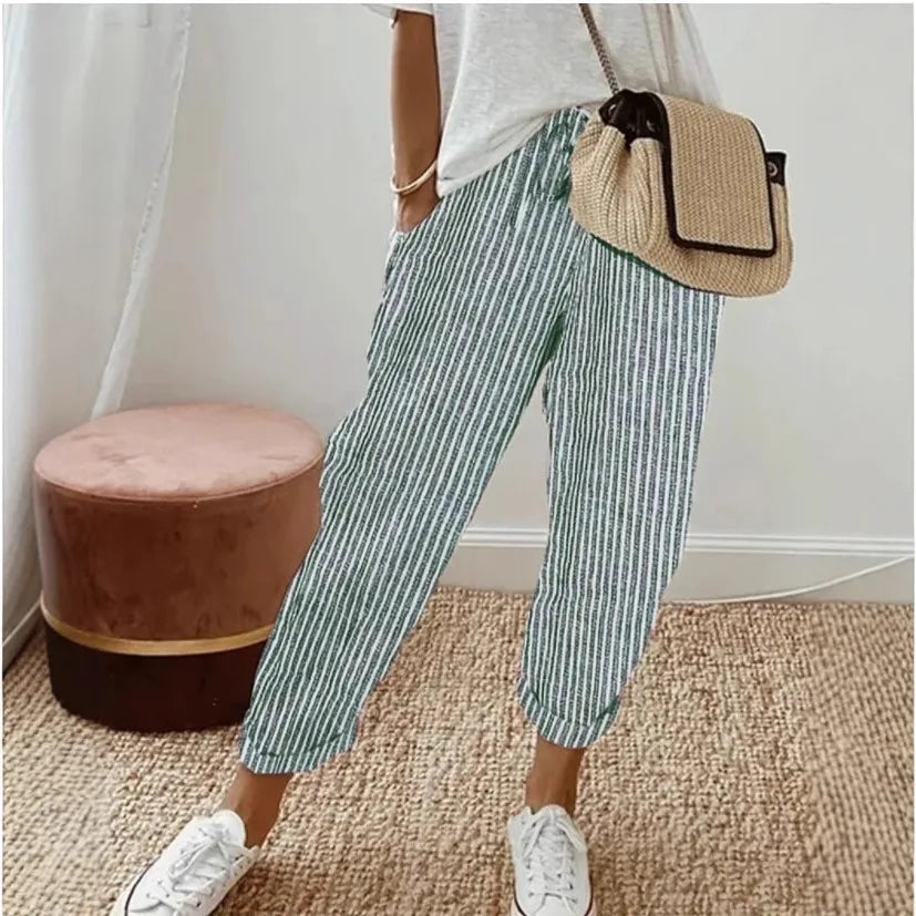 Pantalon Large Rayures Femme – Taille Élastique Casual Style Anglais