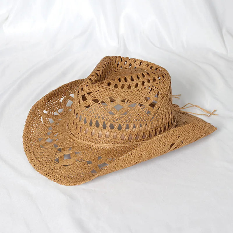 Chapeau de Cowboy Tendance Ajouré — Fait Main en Paille, Style Boho Plage Unisexe