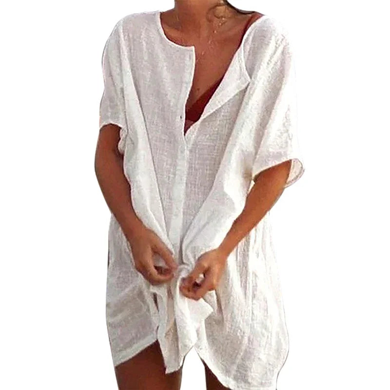 Chemise de Plage Coton Lin Longue — Blouse Cover-Up Casual Femme