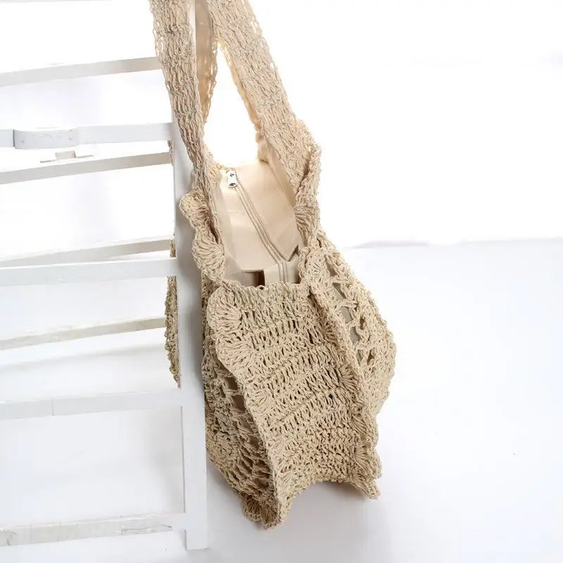 Sac Tote Paille Rond Tressé — Grand Sac de Plage Fait Main Femme Été