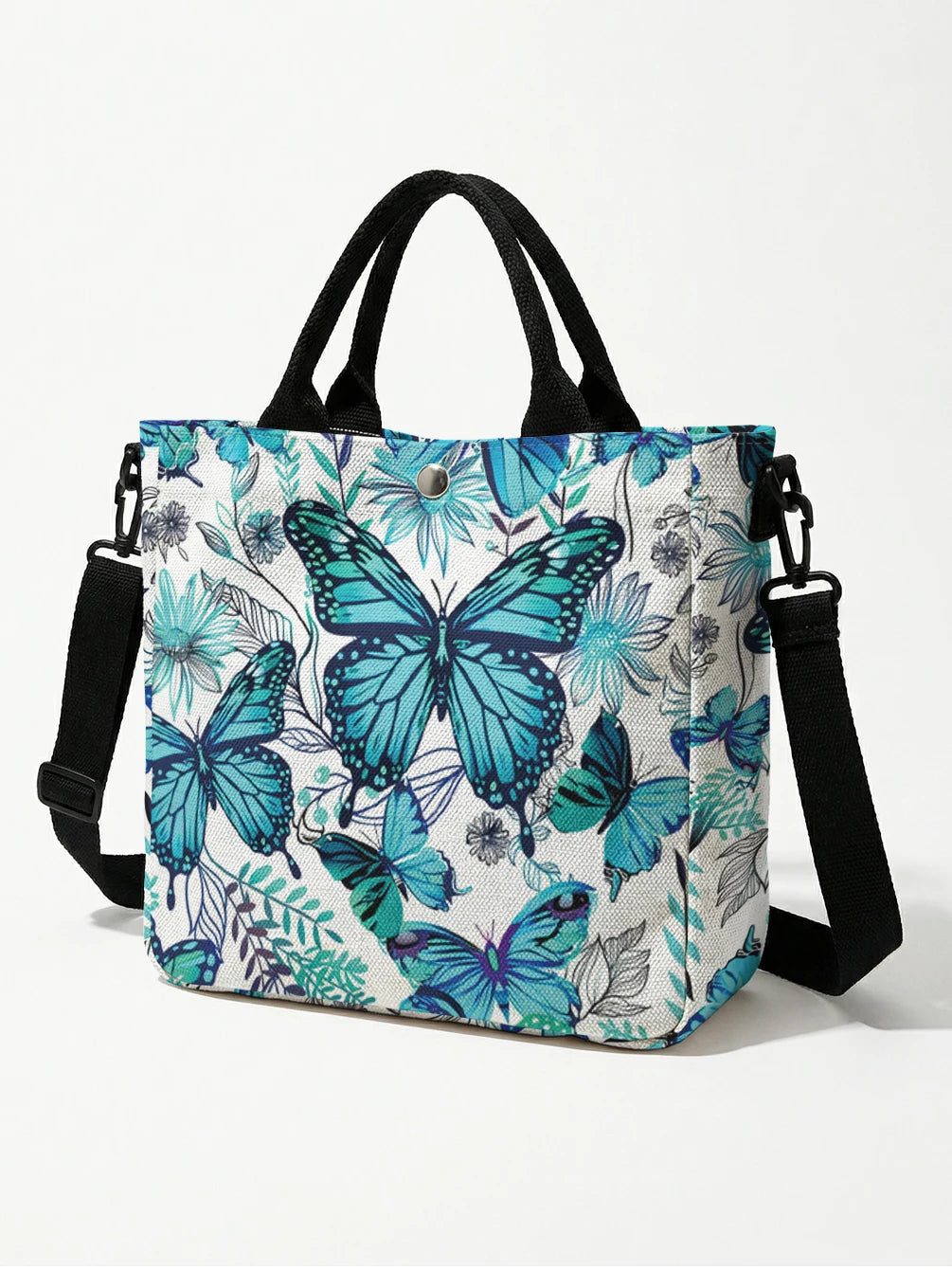 Sac Tote Canvas Papillon Floral Bleu Sarcelle — Sac Bandoulière Détachable Femme Shopping