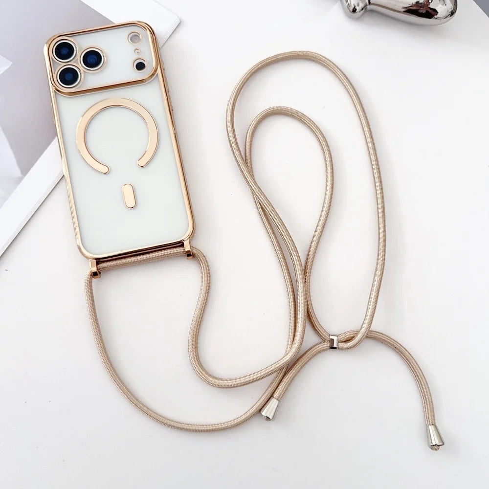 Coque Transparente Magnétique avec Lanière — iPhone 11 à 17 Pro Max, Compatible MagSafe