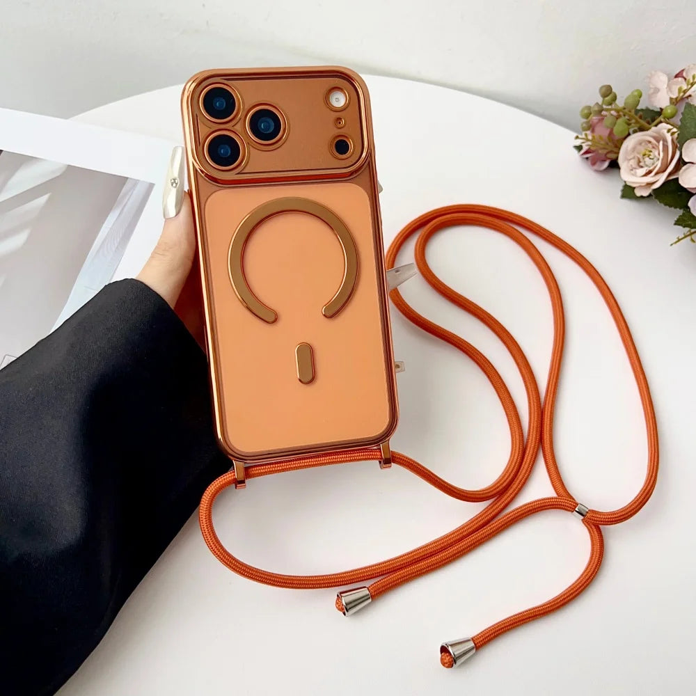 Coque Transparente Magnétique avec Lanière — iPhone 11 à 17 Pro Max, Compatible MagSafe