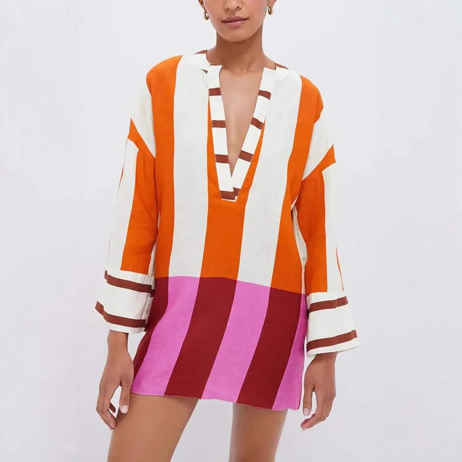Mini Robe Lin Col V Manches Longues Ajourées — Imprimé Rayé Femme Automne Hiver