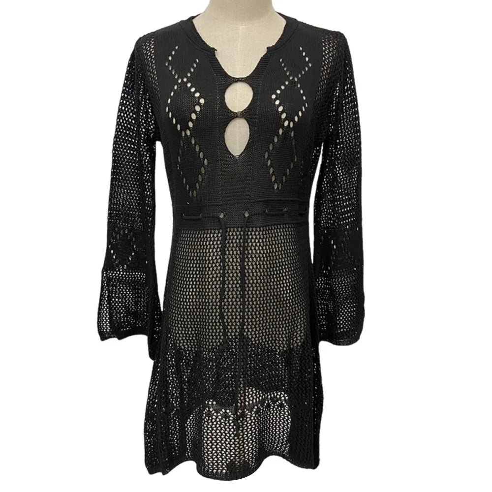 Chemise Cover-Up Plage Tricot Ajourné Col V — Protection Solaire Casual Femme