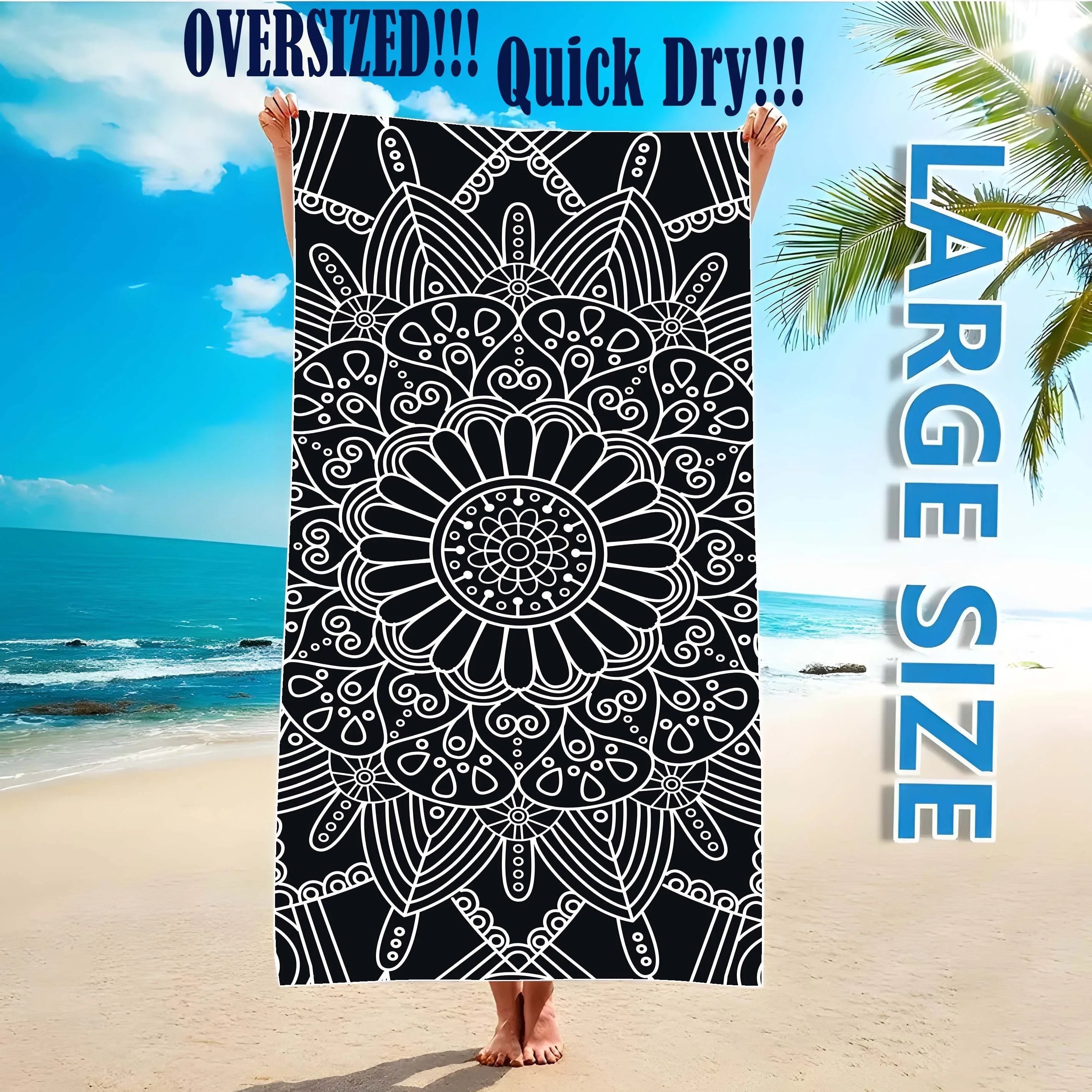 Serviette de Plage Mandala Noir & Blanc — Séchage Rapide, Style Bohème Chic