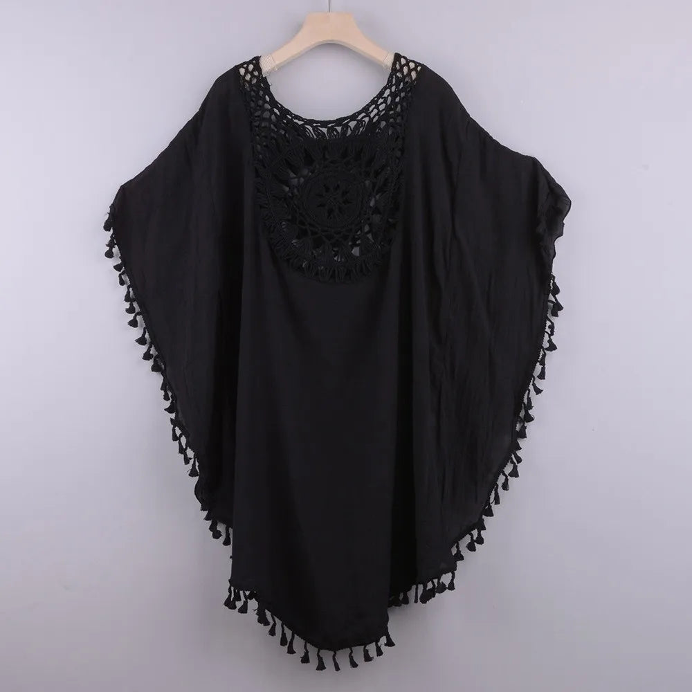 Tunique Cover-Up Plage Tricot Ajourné à Franges — Motif Tournesol Grande Taille Femme