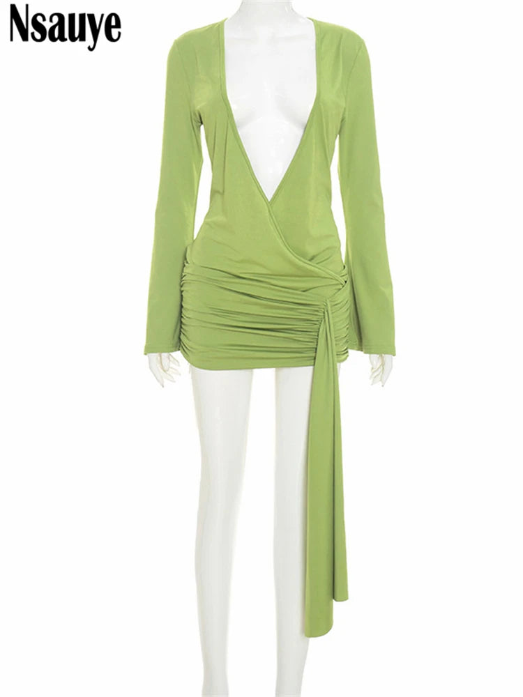 Mini Robe Bodycon Manches Longues Col V Dos Nu — Soirée Club Été Femme