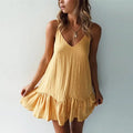 Robe Mini Coton Lin Bretelles À Volants — Robe Été Casual Femme