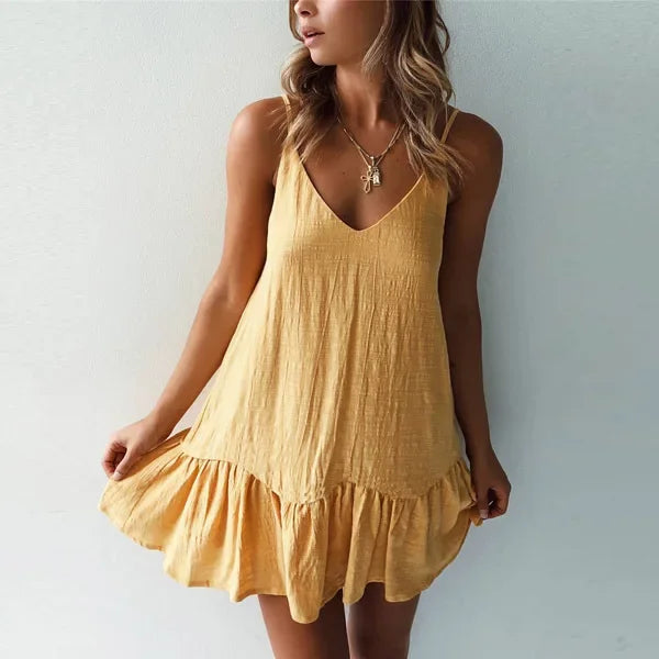 Robe Mini Coton Lin Bretelles À Volants — Robe Été Casual Femme