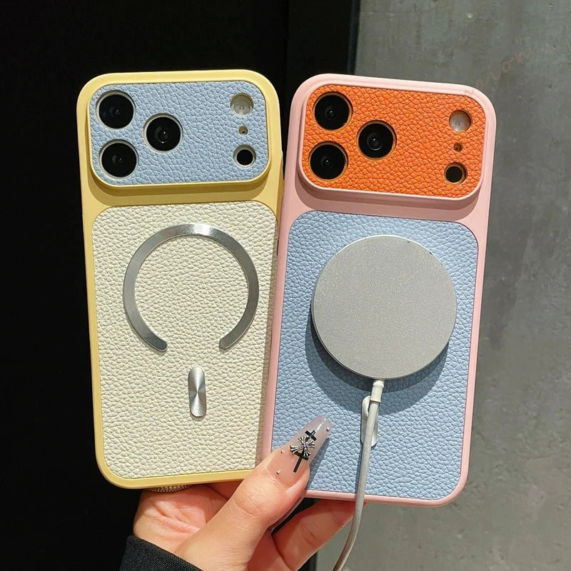 Coque Magnétique en Cuir pour iPhone — Compatible MagSafe, Toutes Séries (11 à 17 Pro Max)
