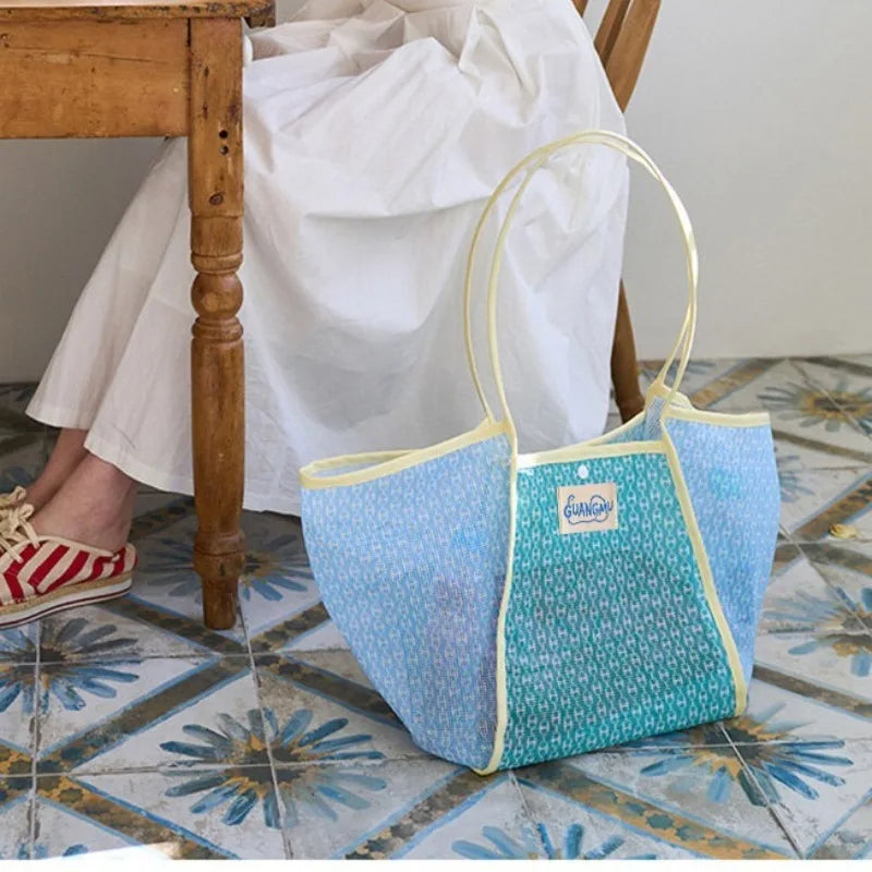 Sac de Plage Mesh Color Block Grande Capacité — Sac Tote Voyage Piscine Femme