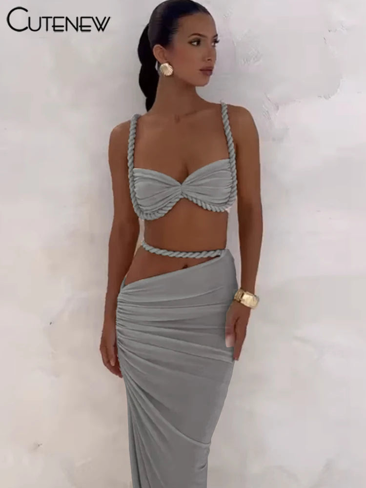 Ensemble 2 Pièces Femme — Crop Top Bretelles Plissé + Jupe Longue Taille Haute Style Vacances