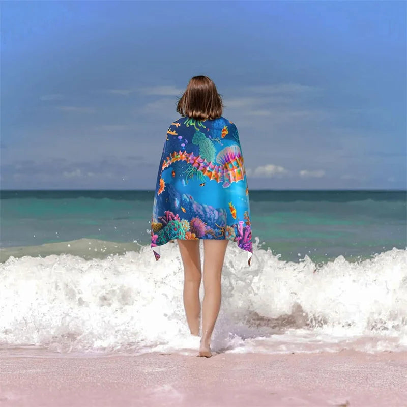 Serviette de Plage Hippocampe et Corail — Séchage Rapide, Anti-UV, Anti-Sable