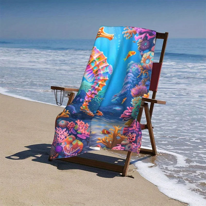 Serviette de Plage Hippocampe et Corail — Séchage Rapide, Anti-UV, Anti-Sable
