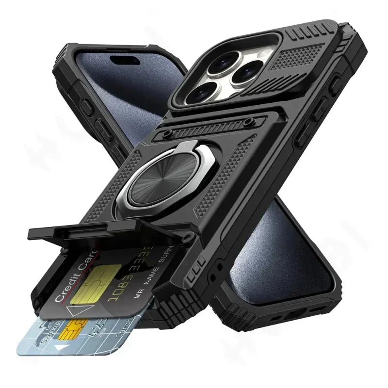 Étui Portefeuille Anneau Magnétique 360° – Compatible iPhone 11 à 16 Pro Max