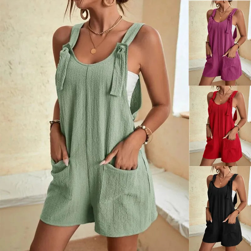Salopette Large Sans Manches Double Poche — Combinaison Casual Femme Sexy
