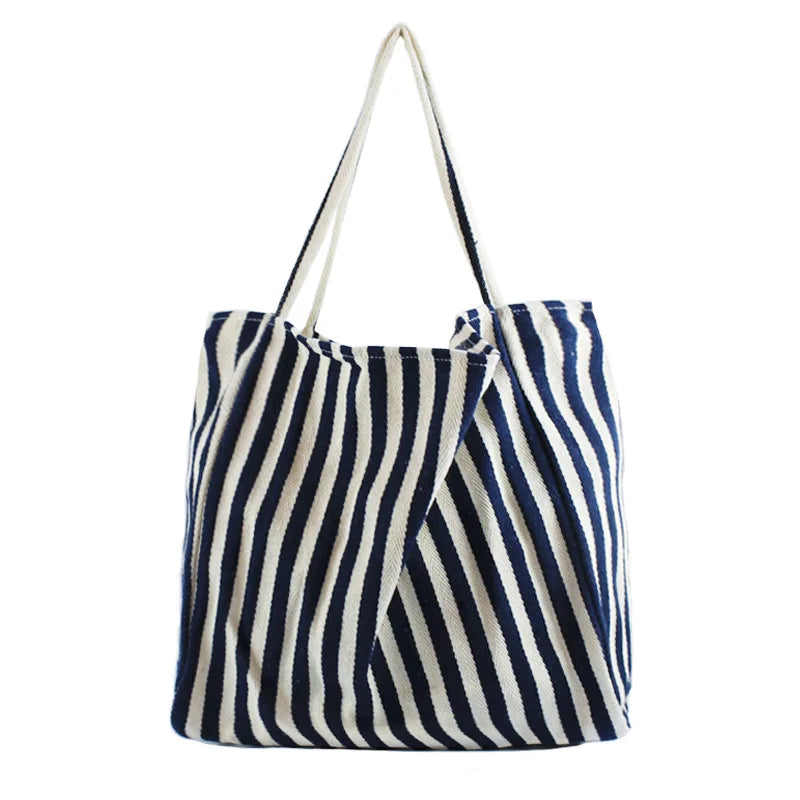 Grand Tote Bag Rayé Style Coréen — Sac Cabas Canvas Grande Capacité Femme