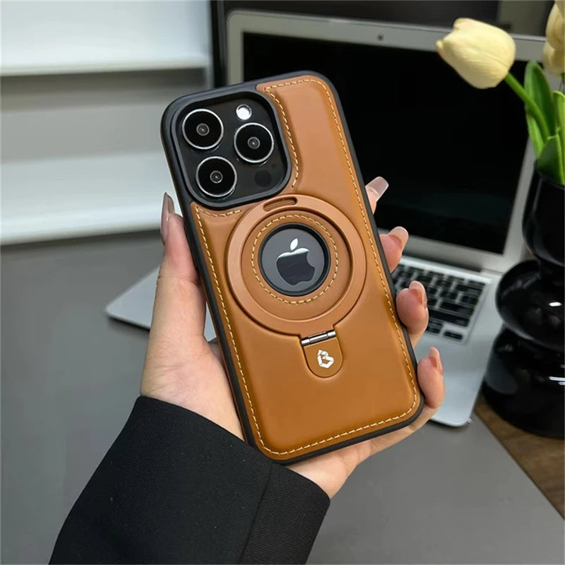 Étui Cuir Luxe MagSafe avec Anneau Magnétique — iPhone 12 à 17 Pro Max, Chargement Sans Fil