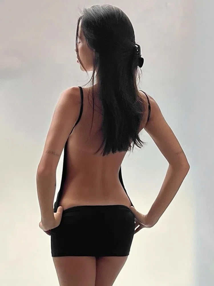 Robe Noire Dos Nu Bretelles Y2K — Robe Soirée Sexy Femme Club