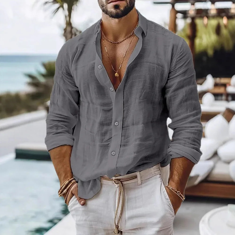 Chemise Homme Coton Lin — Style Plage Été