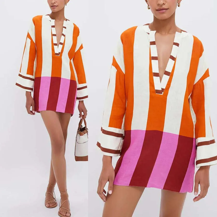 Mini Robe Lin Col V Manches Longues Ajourées — Imprimé Rayé Femme Automne Hiver