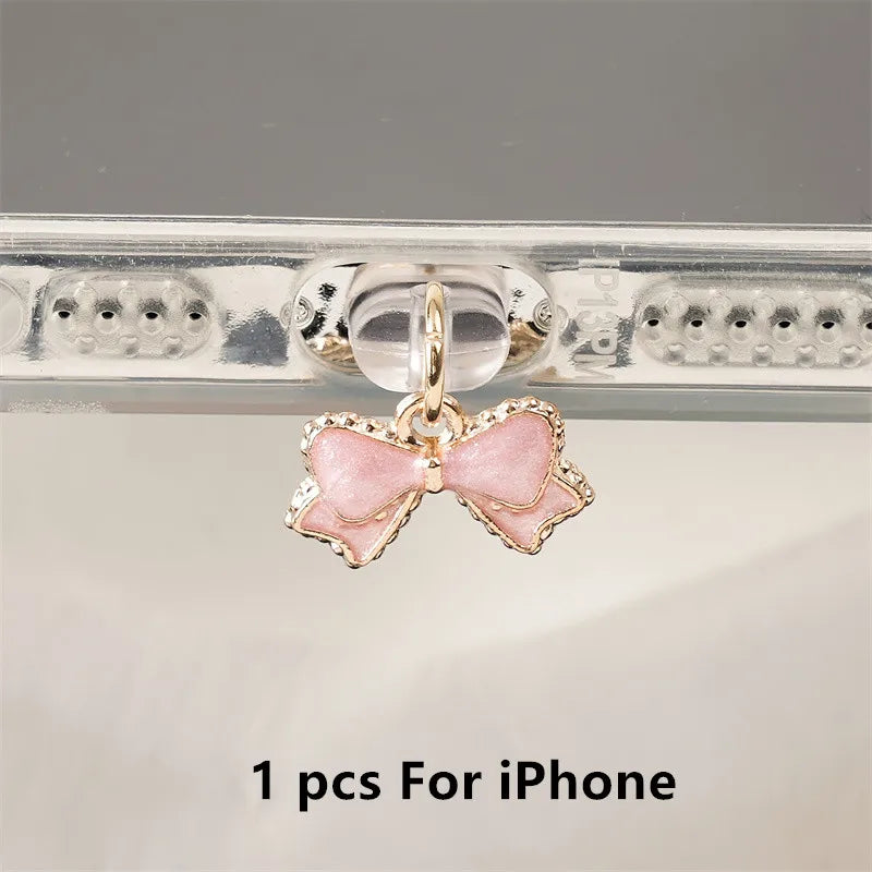 Bouchon Anti-poussière Nœud Papillon Rose & Blanc — Port Lightning, USB-C & Android