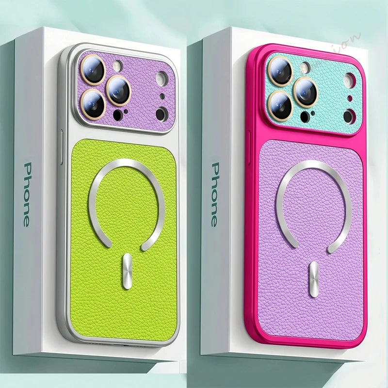 Coque Magnétique en Cuir pour iPhone — Compatible MagSafe, Toutes Séries (11 à 17 Pro Max)