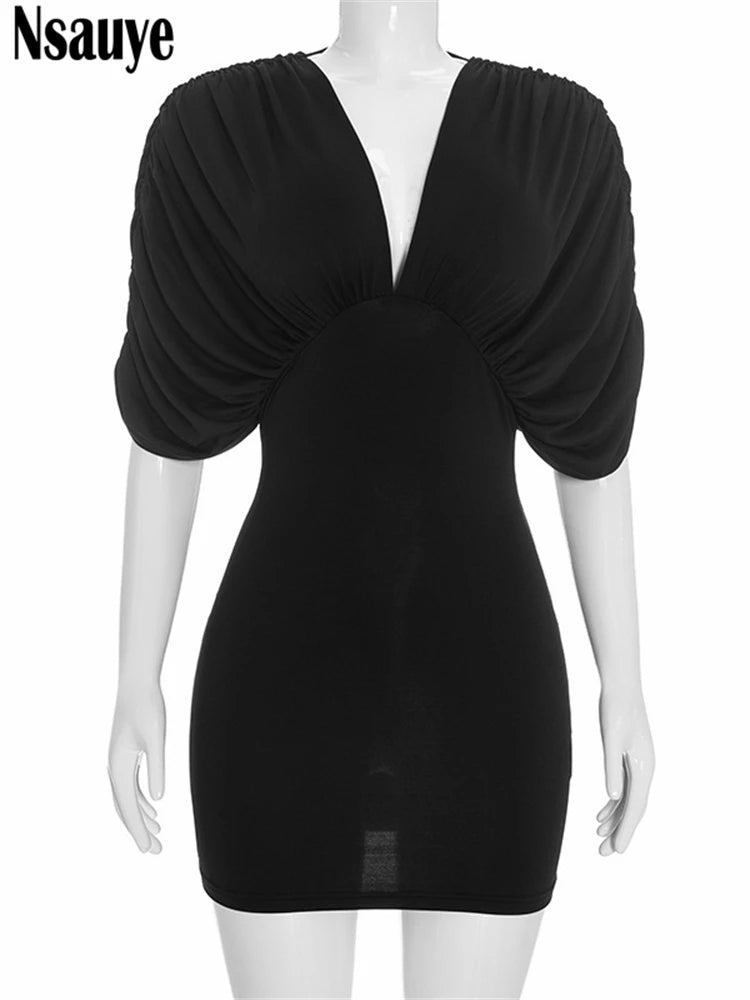 Mini Robe Fourreau Froncée Col V Manches Courtes — Soirée Club Vacances Femme