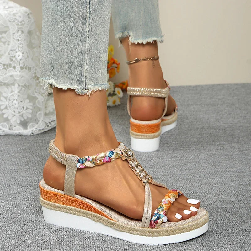 Sandales T-Strap Plateforme Wedge Femme — Talon 6cm Bicolore Or & Argent Été