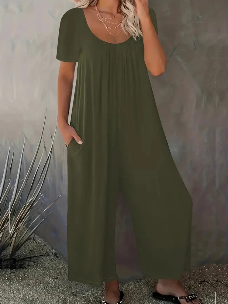 Combinaison Femme Grande Taille — Manches Courtes, Poches, Couleur Unie (0XL-5XL)