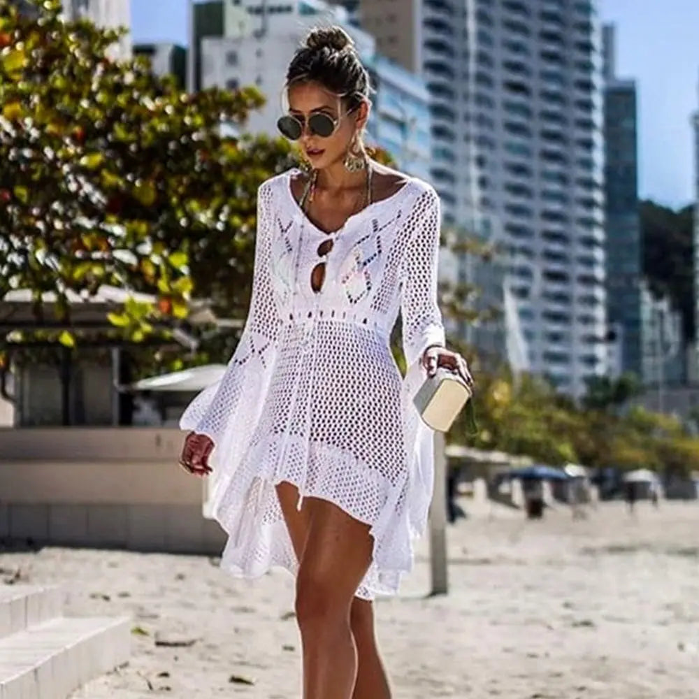 Chemise Cover-Up Plage Tricot Ajourné Col V — Protection Solaire Casual Femme