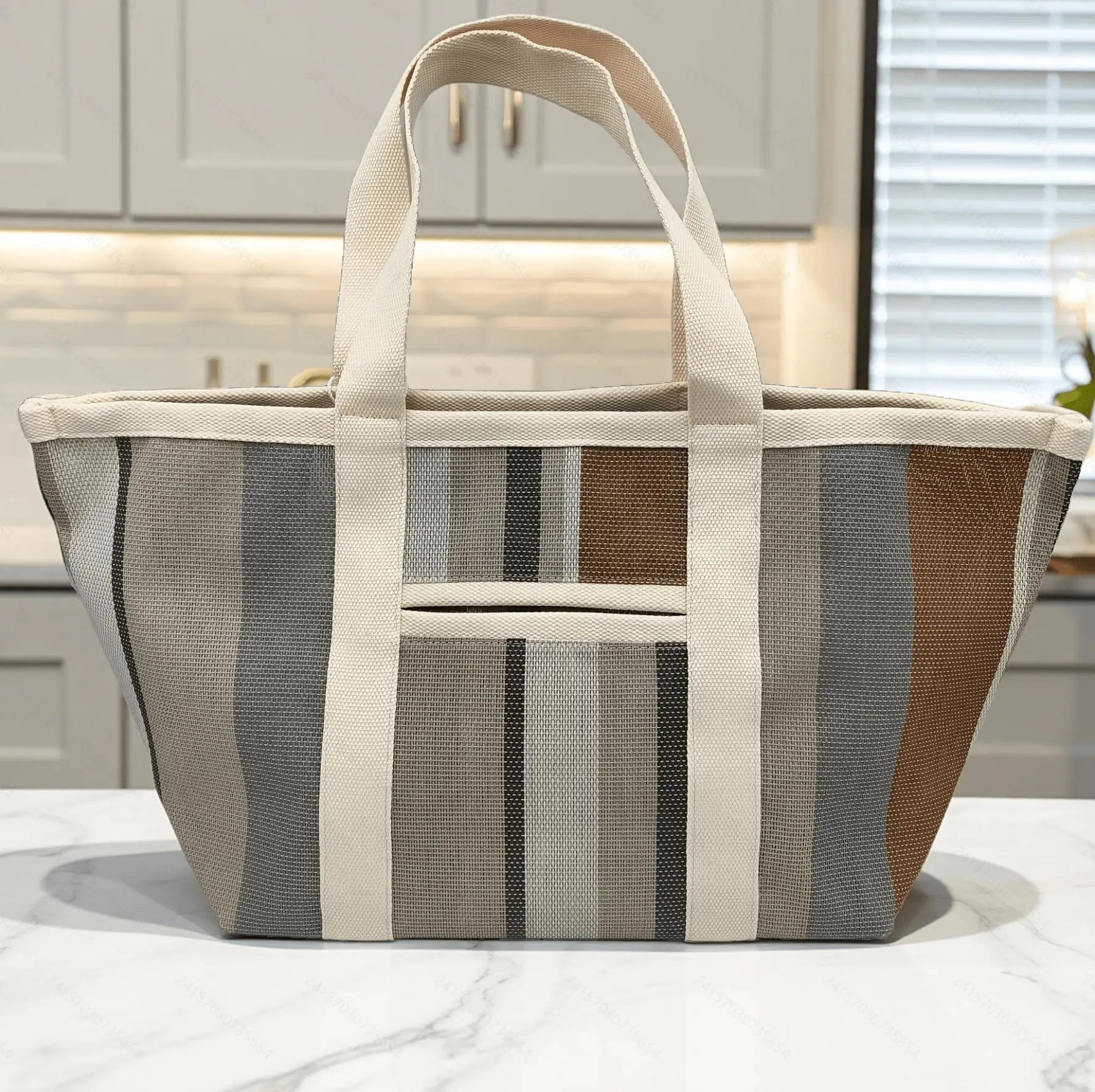 Sac Cabas Rayé Été — Tote Bag Nylon Grande Capacité Multi-Poches Réutilisable
