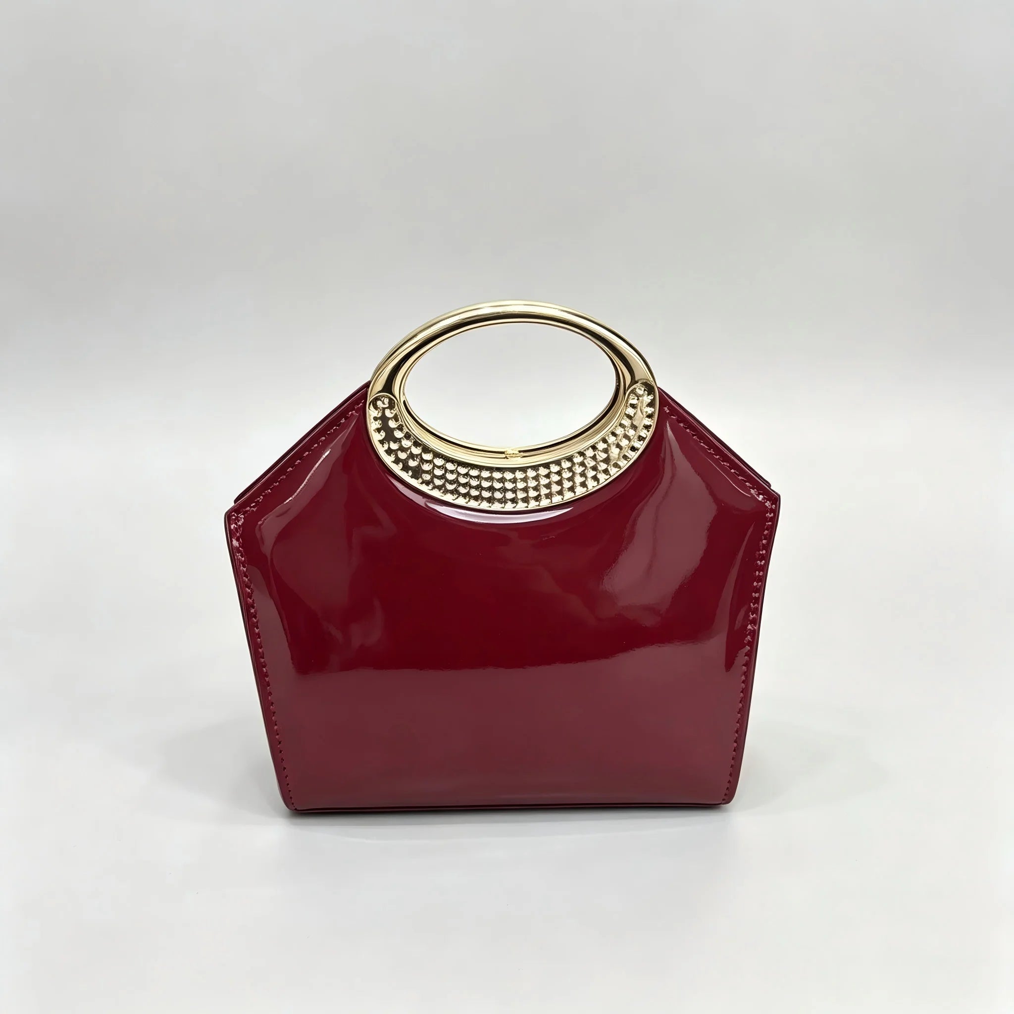 Pochette Soirée Cuir Verni — Clutch Anneau Strass Anse Métal Chaîne Femme