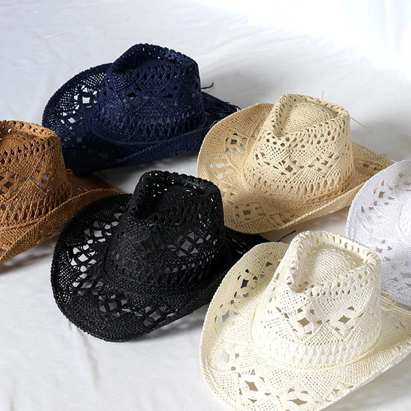 Chapeau de Cowboy Tendance Ajouré — Fait Main en Paille, Style Boho Plage Unisexe