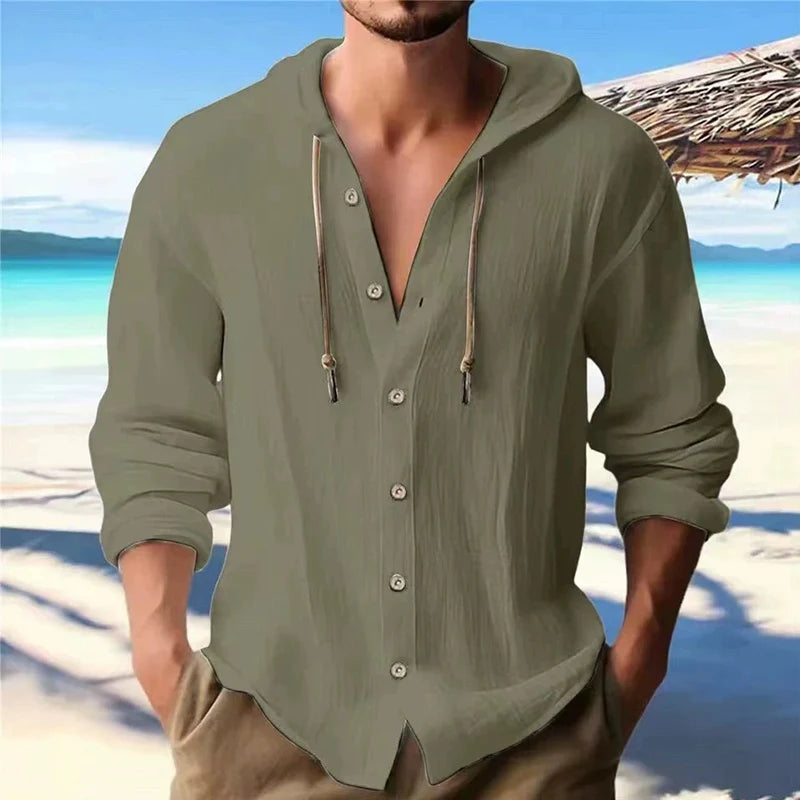 Chemise en Lin Homme à Capuche – Manches Longues, Style Streetwear
