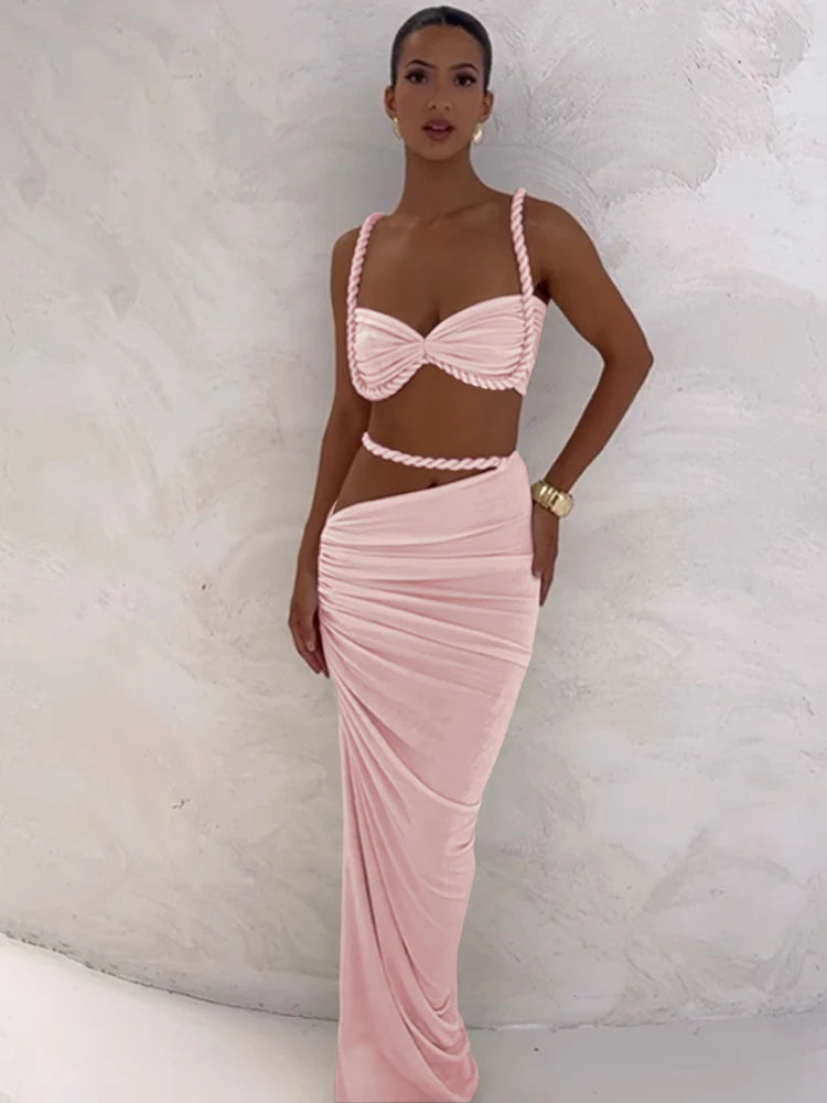 Ensemble 2 Pièces Femme — Crop Top Bretelles Plissé + Jupe Longue Taille Haute Style Vacances