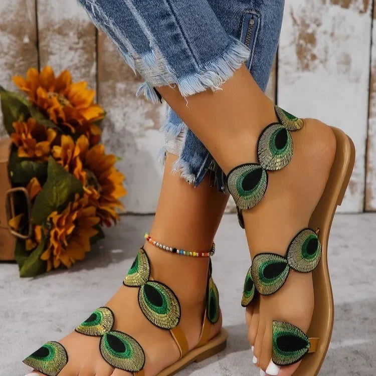 Sandales Plates Gladiator Broderie Fleurs Femme — Style Classique Été Plage