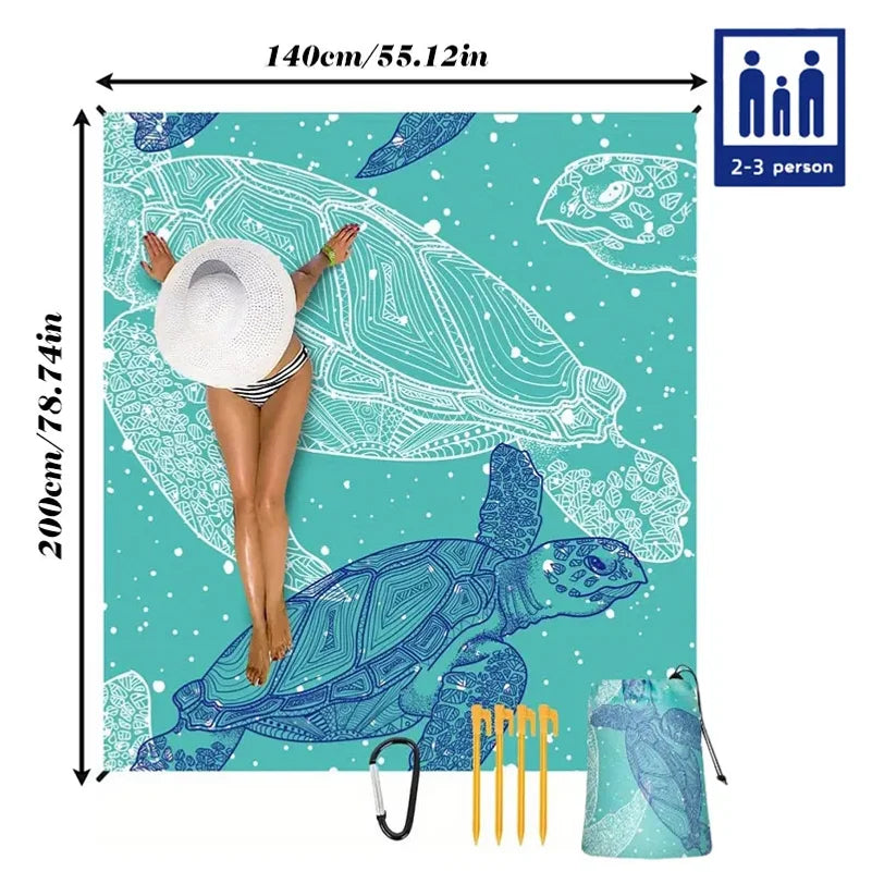 Couverture de Plage Anti-Sable Tortue — Tapis Léger Grande Taille Pique-Nique & Voyage