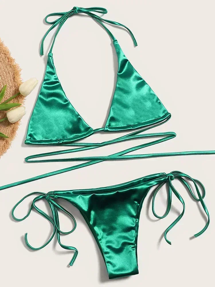 Bikini Satin Métallisé Halter — Deux Pièces Femme