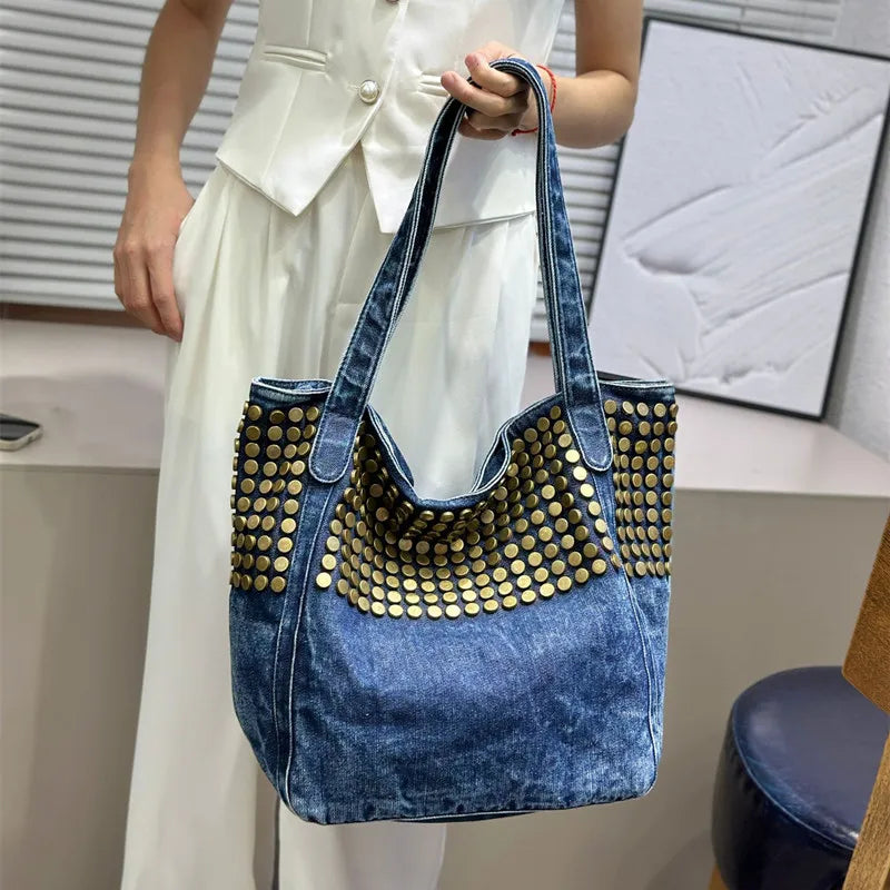 Sac Tote Denim Rivets Punk Grande Capacité — Sac À Main Femme Casual