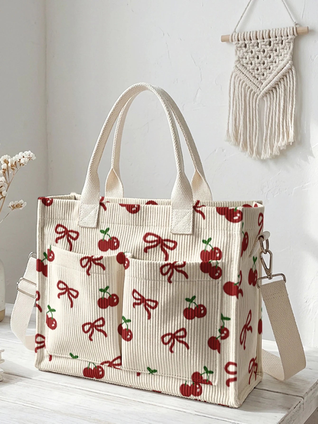 Tote Bag Velours Côtelé Motif Cerise & Nœud — Sac Cabas Grande Capacité Femme