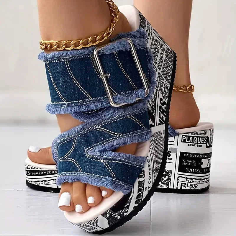 Sandales Denim Plateforme Compensées Boucle Femme — Style Casual Vacances Été 2026