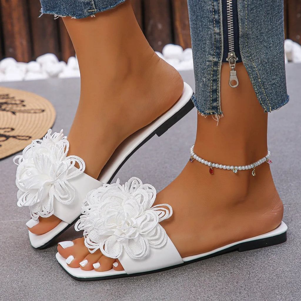Mules Fleurs Bout Carré Femme – Sandales Plates Confortables Grande Taille