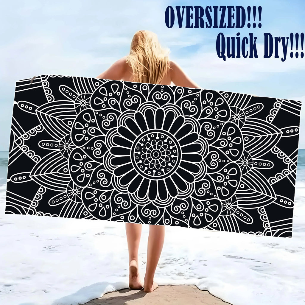 Serviette de Plage Mandala Noir & Blanc — Séchage Rapide, Style Bohème Chic