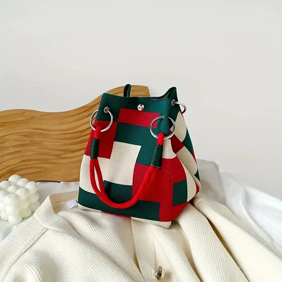 Sac Seau Tricoté Color Block Rétro Multicolore — Sac À Main Femme Tendance